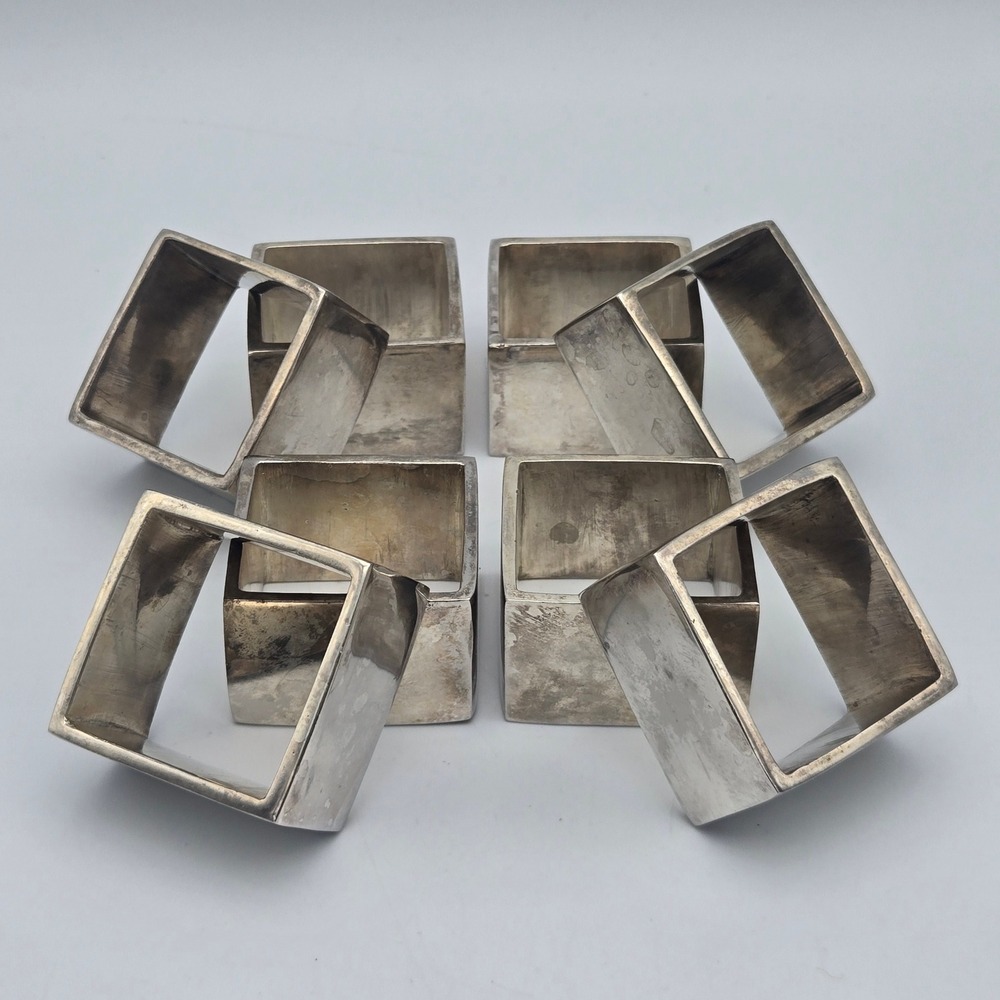 Pottery Barn Silverplate Square Napkin Rings Set of 8 Modernist Contemporary